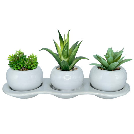 11.5" (Wide) Green 3 Pc. Multi-Style Artificial Plants with Spherical Ceramic Planters — 11.5" Length, 3.5" Width, 6.0" Height