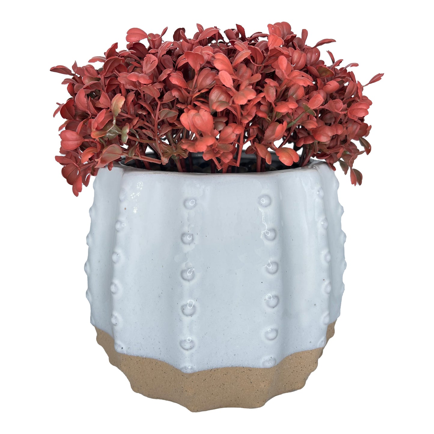 9" (Tall) Burgundy Bush with Stylized White and Tan Ceramic Planter