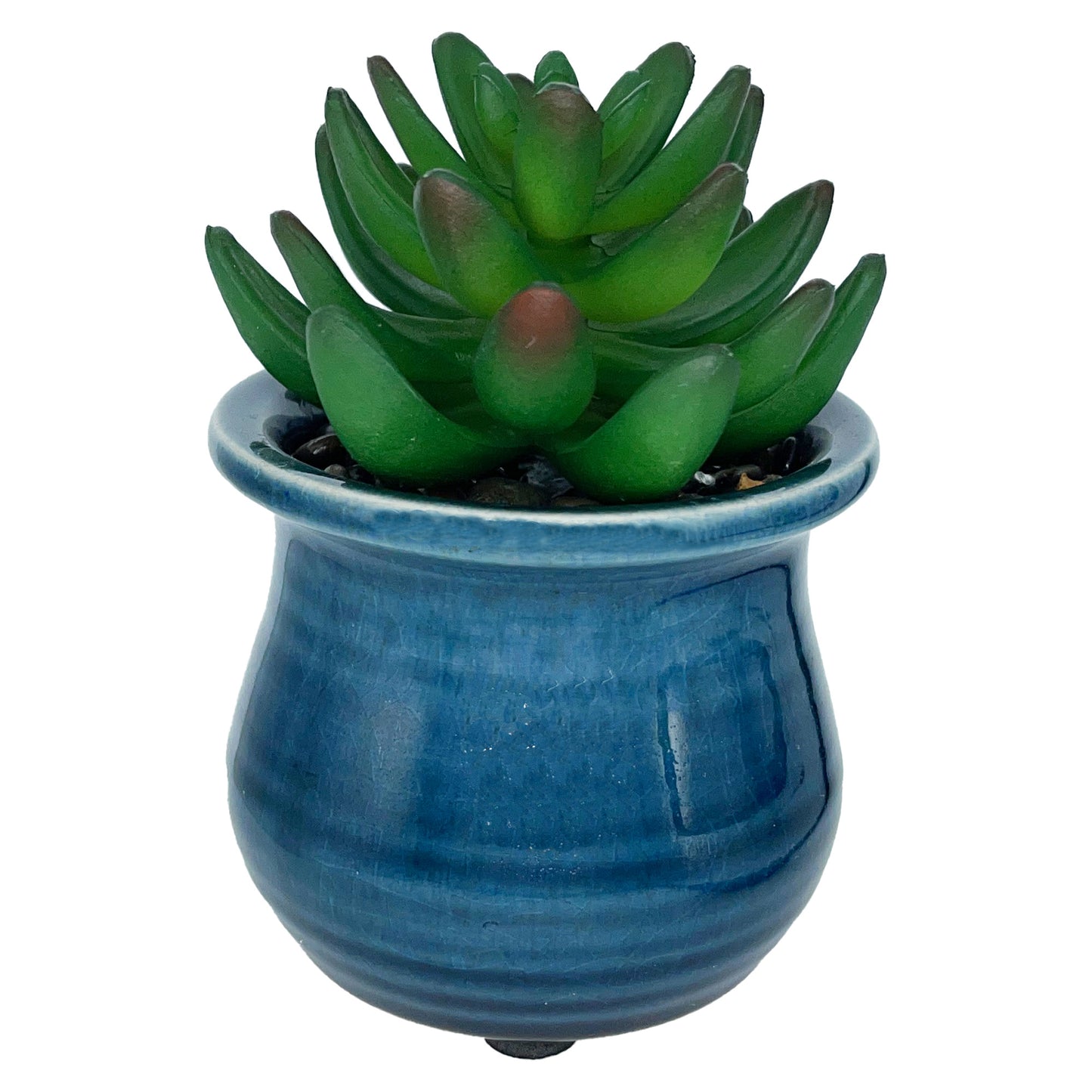 4.5" (Tall) Green Cactus Plant with Ceramic Blue Circular Ceramic Planter