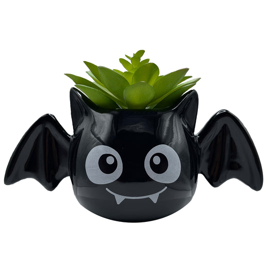 4.5" (Tall) Green Cactus Plant with Black Bat Ceramic Planter