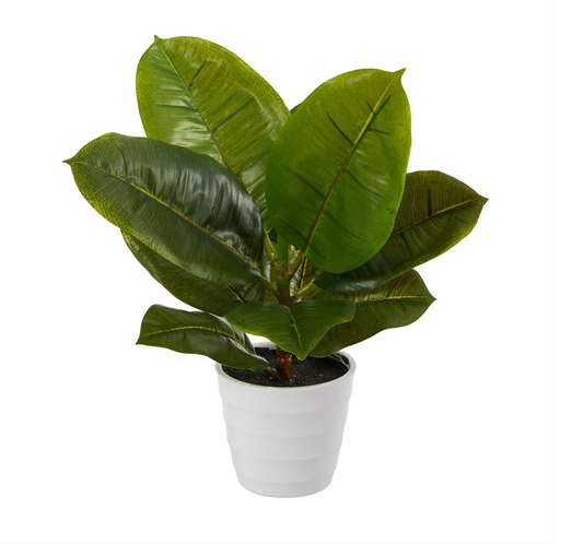 11" (Tall) Large Leaf Artificial Plant with White Rounded Planter