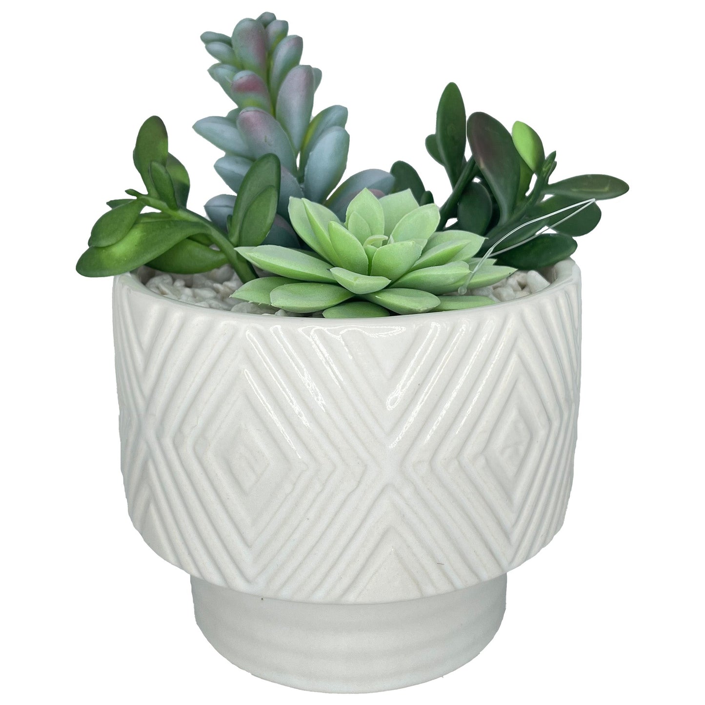 7" (Tall) Green and White Cactus Plant with Stylized White Ceramic Planter