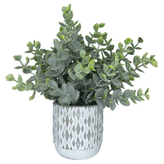 8.5" (Tall) Green and White Tinted Plant with White and Grey Ceramic Planter