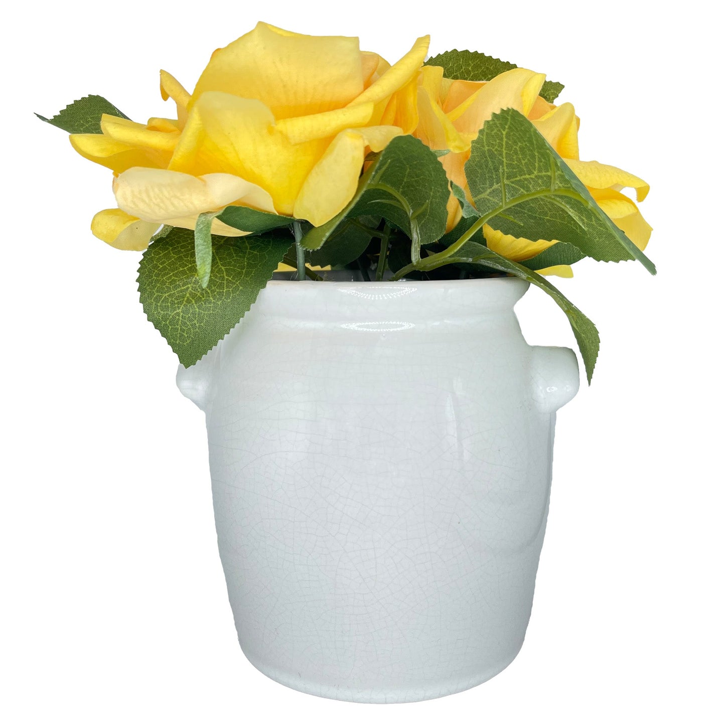 7.5" (Tall) Yellow and Green Flower with White Rounded Ceramic Planter