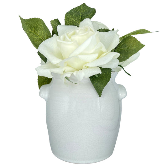 7.5" (Tall) White and Green Flower with White Rounded Ceramic Planter