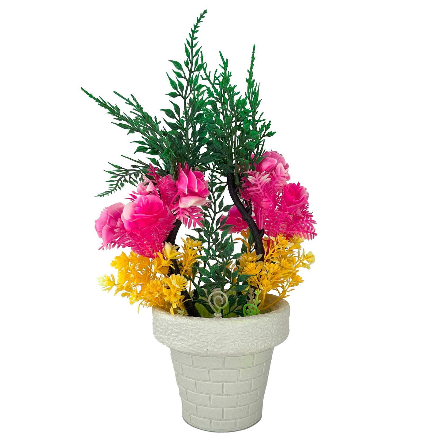 12.5" (Tall) Pink, Yellow, Green Flower with Textured and Brick-Style Planter