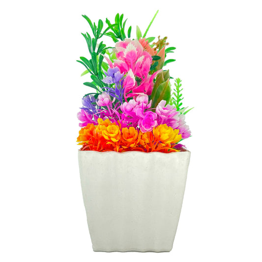 7" (Tall) Green, Pink, Orange, Yellow Flower with Ridged-Fan Square Planter